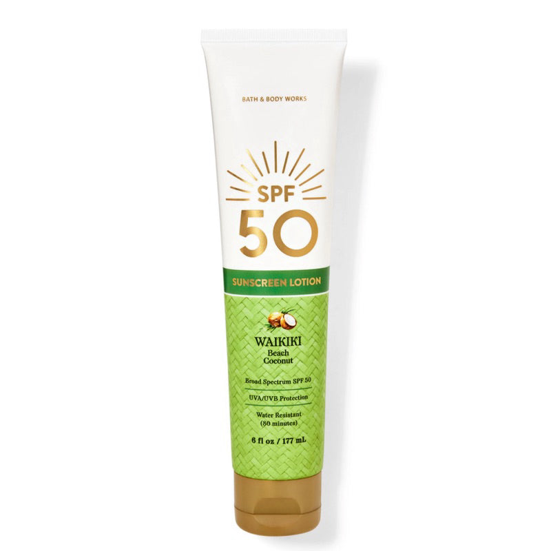 Bath & Body Works sunscreen lotion in the "Waikiki Beach Coconut" scent with SPF 50