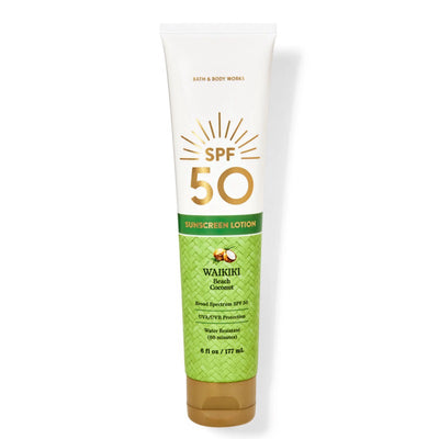 Bath & Body Works sunscreen lotion in the "Waikiki Beach Coconut" scent with SPF 50